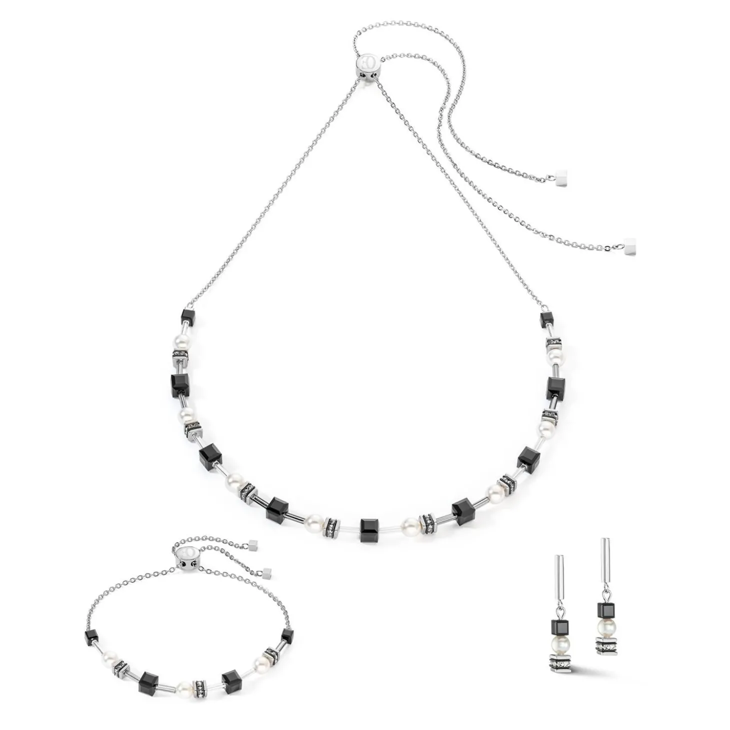 COEUR DE LION Kristallarmbänder-Armband Mysterious Cubes & Pearls Silber-Schwarz