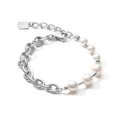 COEUR DE LION Hochzeit-Armband Süßwasserperlen & dicke Kette 4-in-1 Weiß-Silber