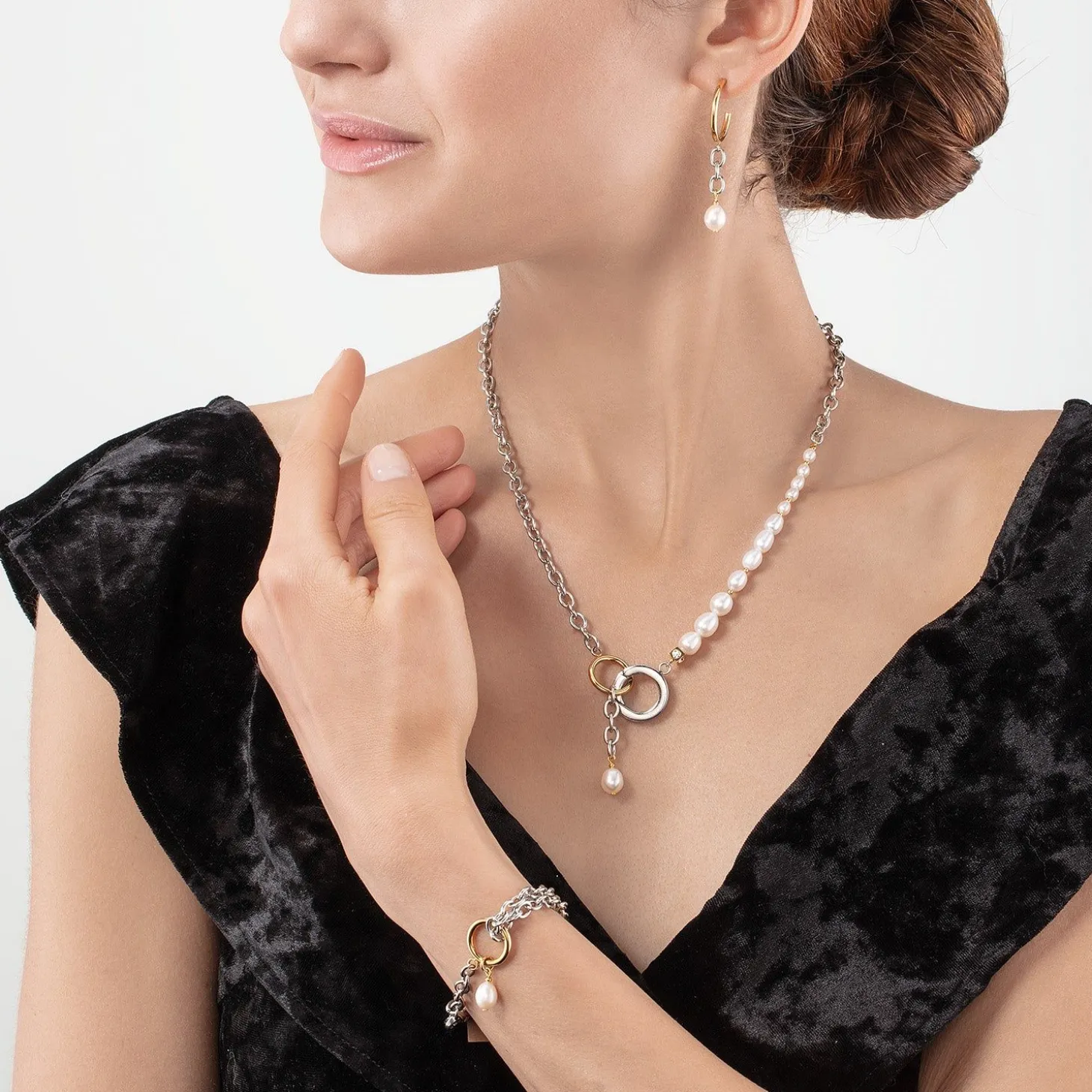 COEUR DE LION Hochzeit-Armband Y & Ovale Süßwasserperlen mit O-Ring Bicolor