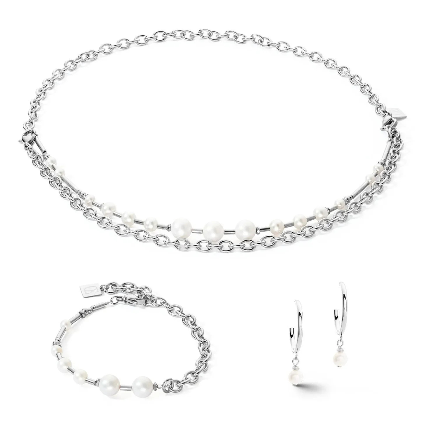COEUR DE LION Creolen-Creolen-Ohrringe mit Süßwasserperlen und Kette, Multiwear-Silber