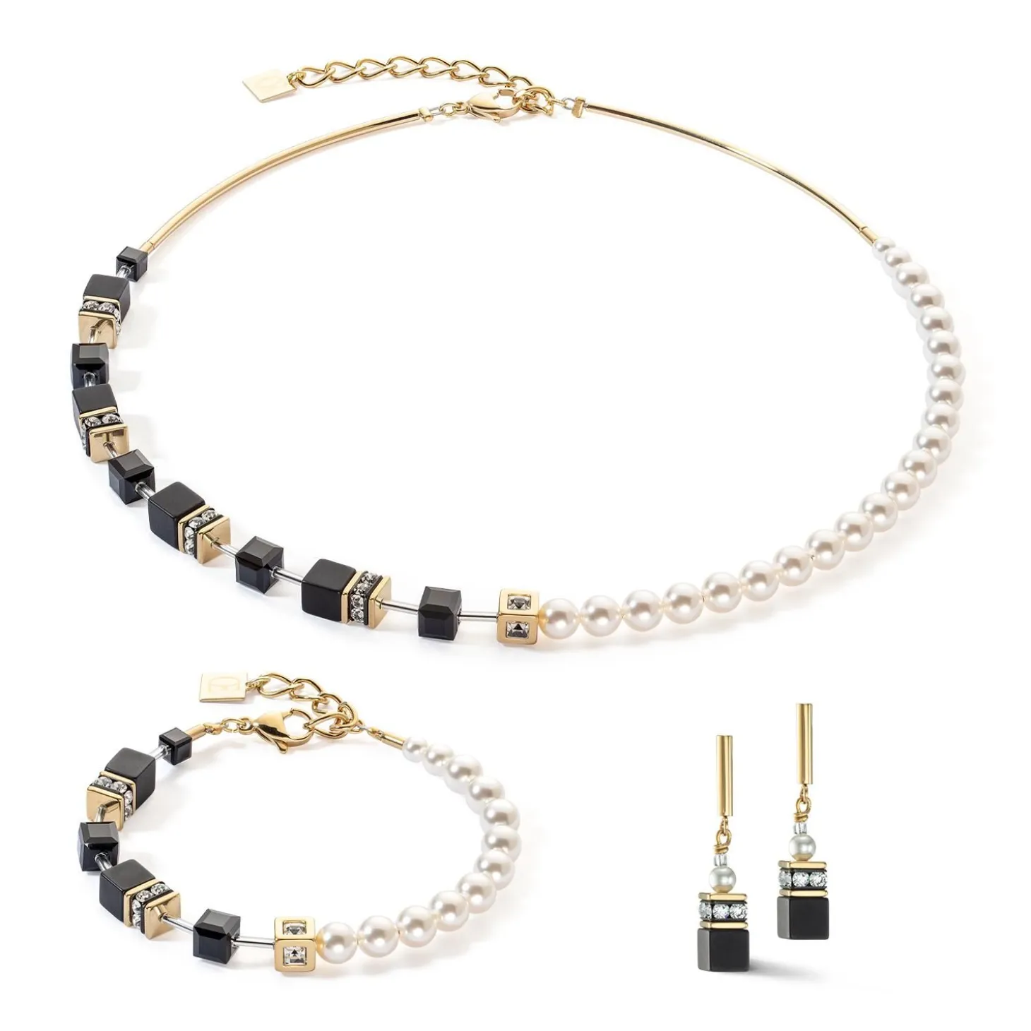 COEUR DE LION Echter Stein-Geocube® Precious Fusion Pearls Armband Schwarz-Gold