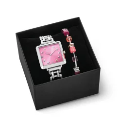 COEUR DE LION Uhren-Geschenkset: Uhr Iconic Cube Viva Magenta Silber & Geocube® Iconic Armband Viva Magenta