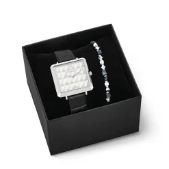 COEUR DE LION Uhren-Geschenkset: Uhr Iconic Cube Spikes Schwarz & Armband Princess Shape Mix Schwarz-Weiß