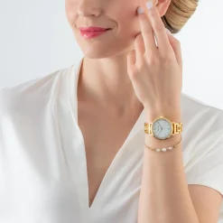 COEUR DE LION Uhren-Geschenkset: Uhr rund, funkelndes Perlmutt und Armband Tropfen Gold