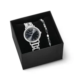 COEUR DE LION Uhren-Geschenkset: Uhr rund, funkelnd, geheimnisvoll, schwarz-silbern und Prinzessinnen-Form-Mix-Armband, schwarz-weiß