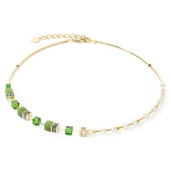 COEUR DE LION Echter Stein-Halskette Geocube® Fusion Precious Pearl Mix Gold-Grün