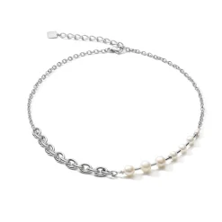 COEUR DE LION Hochzeit-Halskette klassische & moderne Süßwasserperlen & Edelstahlkette Weiß-Silber