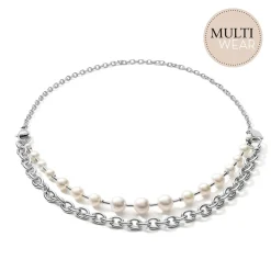 COEUR DE LION Multiwear-Halsketten-Halskette mit Süßwasserperlen und klobiger Kette, 4-in-1, Weiß-Silber