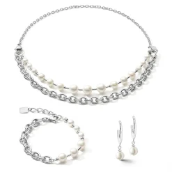 COEUR DE LION Multiwear-Halsketten-Halskette mit Süßwasserperlen und klobiger Kette, 4-in-1, Weiß-Silber