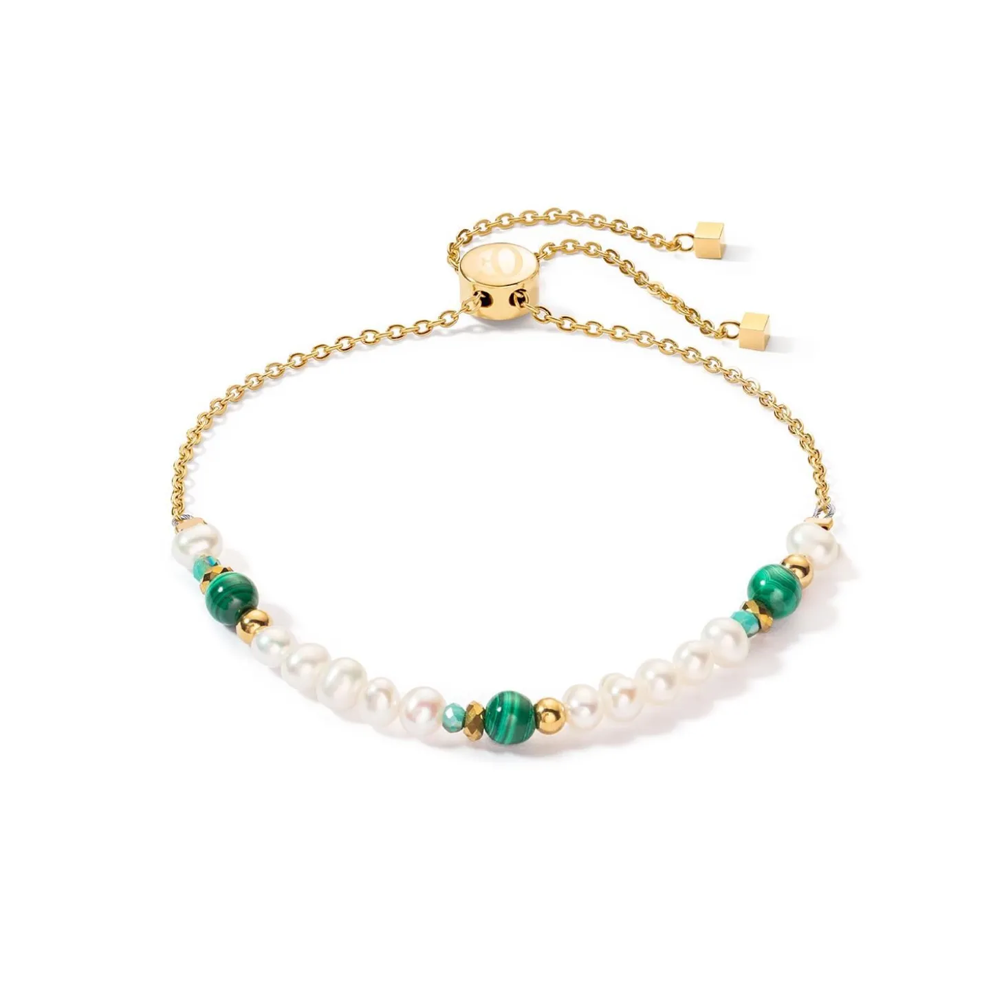 COEUR DE LION Echter Stein-Harmonie-Armband aus Süßwasserperlen und Malachitgold