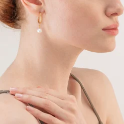 COEUR DE LION Ohrstecker-Ohrringe Creolen mit Süßwasserperlen und klobiger Kette Navette Multiwear Weißgold
