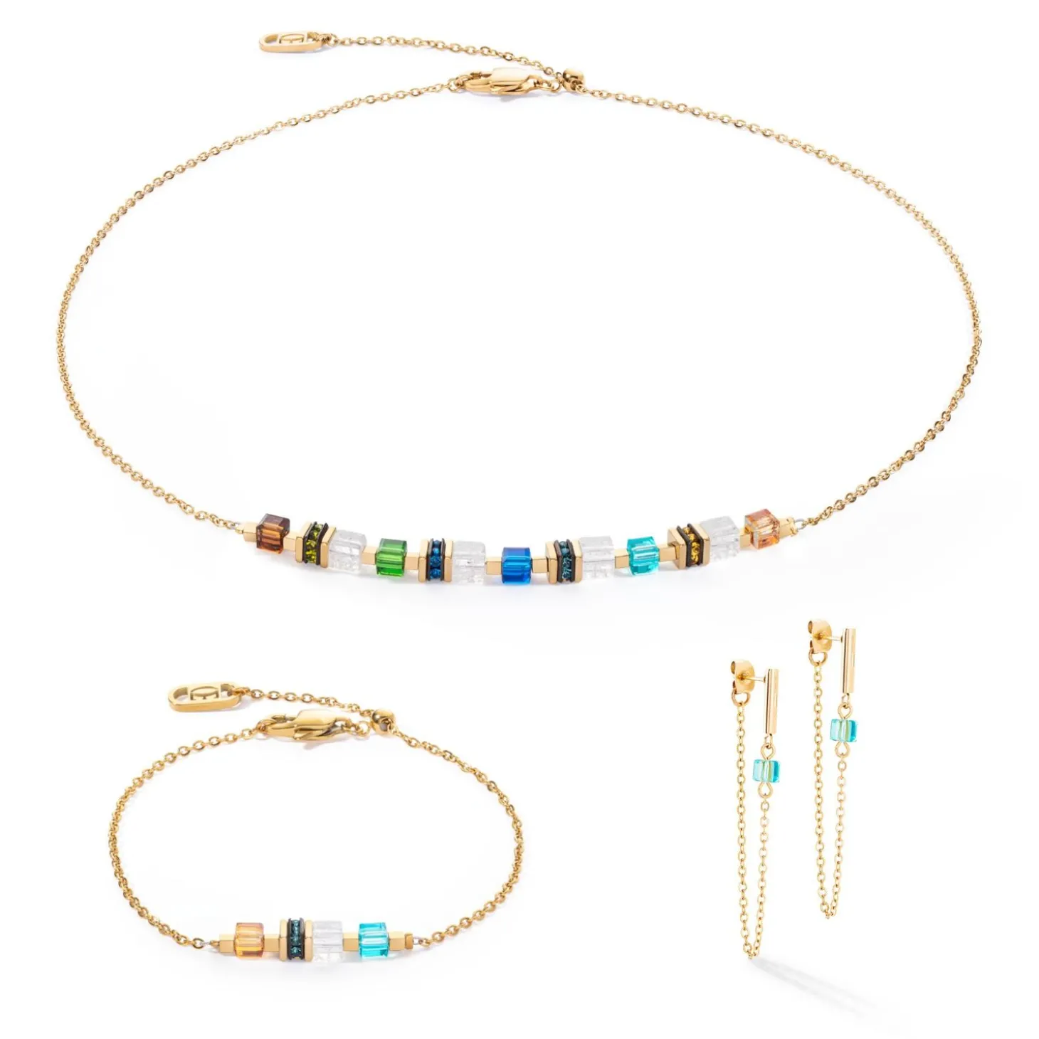 COEUR DE LION Ohrstecker-Ohrringe Mini Cubes & Chain Gold-Mehrfarbig