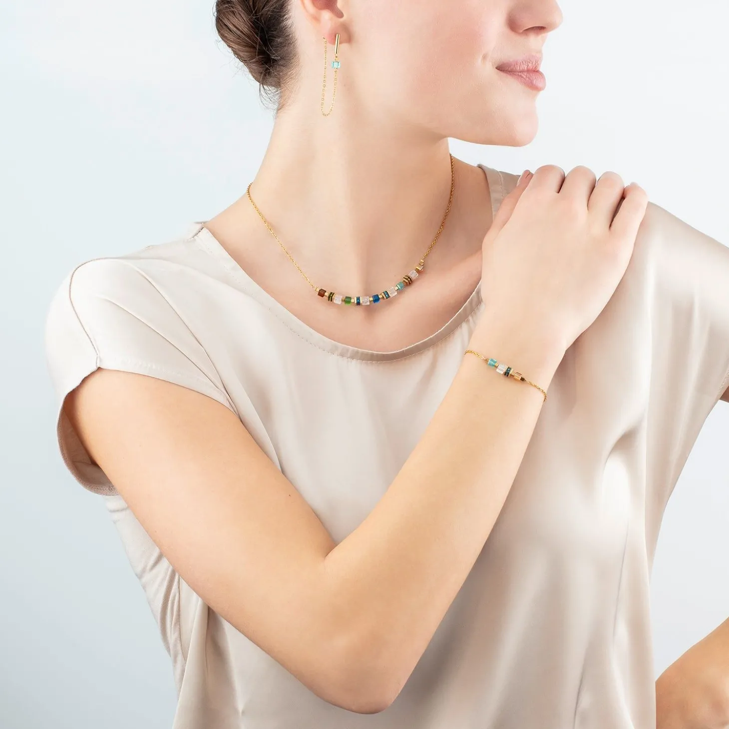 COEUR DE LION Ohrstecker-Ohrringe Mini Cubes & Chain Gold-Mehrfarbig
