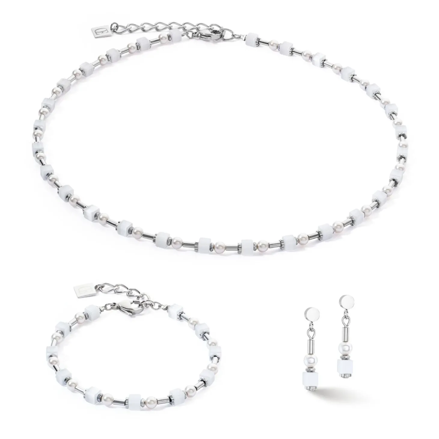 COEUR DE LION Ohrstecker-Ohrringe Mini Cubes & Pearls Mix Silber-Weiß