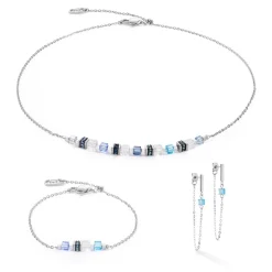 COEUR DE LION Ohrstecker-Ohrringe Mini Würfel & Kette Silber-Blau
