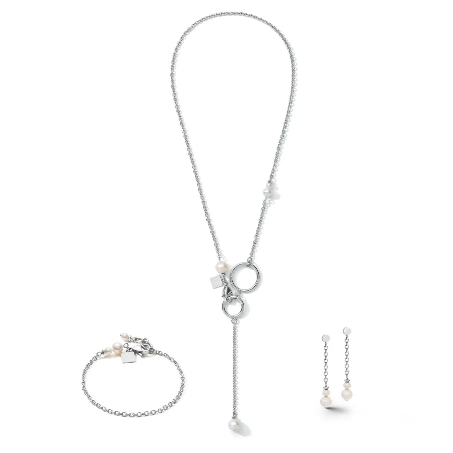 COEUR DE LION Hochzeit-Ohrringe Y-Kette & Ring Süßwasserperlen & Edelstahl Weiß-Silber