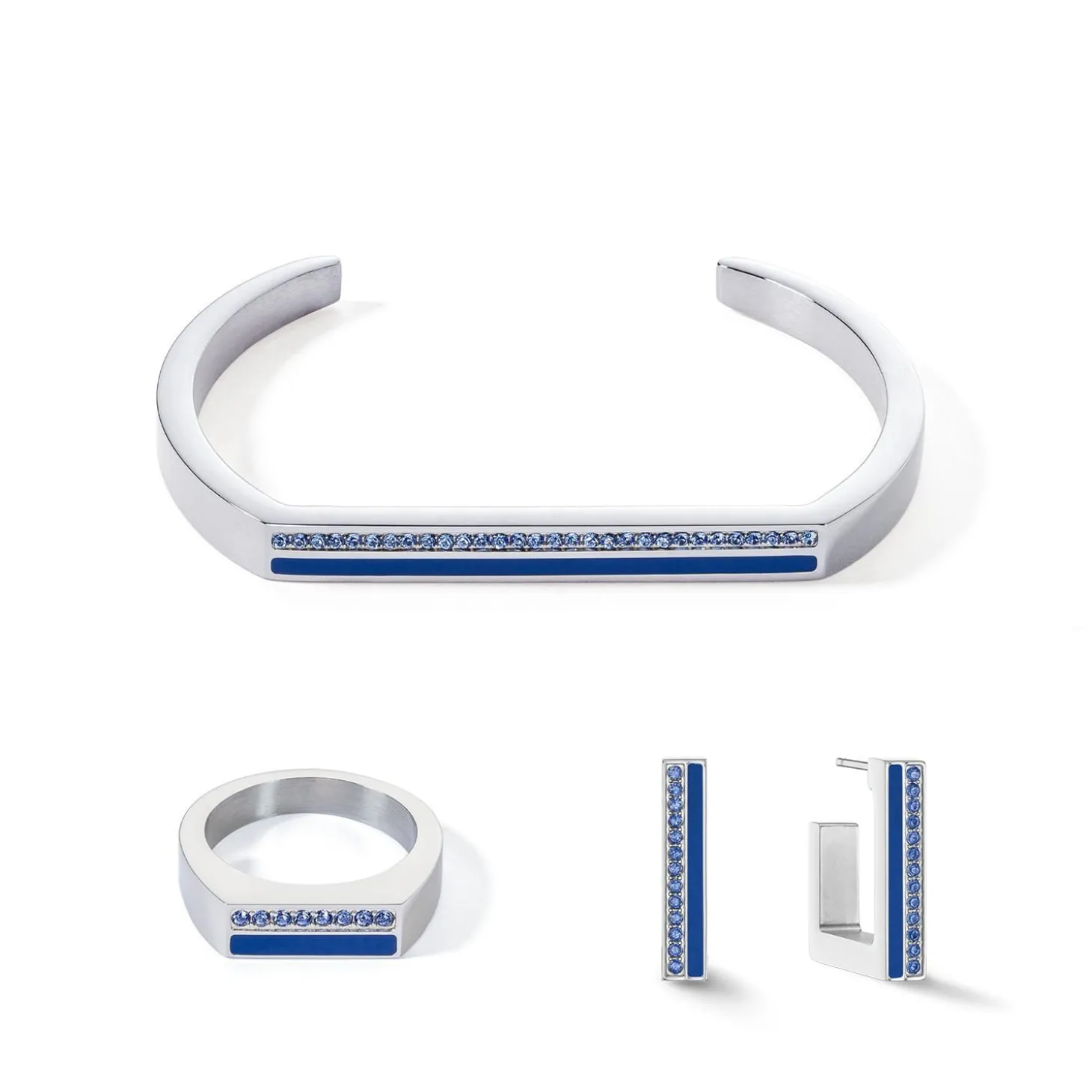 COEUR DE LION Kristallringe-Ring Quadratische Streifen Silber-Blau