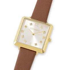 COEUR DE LION Uhren-Uhr Iconic Square Gold White Sunray Armband Leder Classy Brown